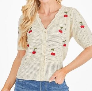 NWT Isabella Cherry Embroidered Knit Cream Cardigan